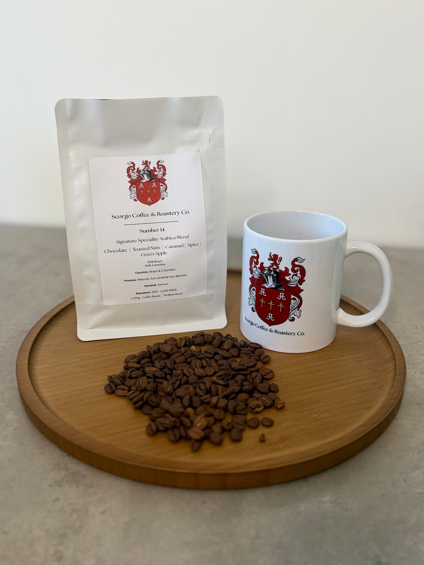 Scorgo coffee number 14 specialty blend from Brazil and Colombia. Medium roast blend of arabica whole coffee beans. Freshly roasted at our UK-based family run roastery.