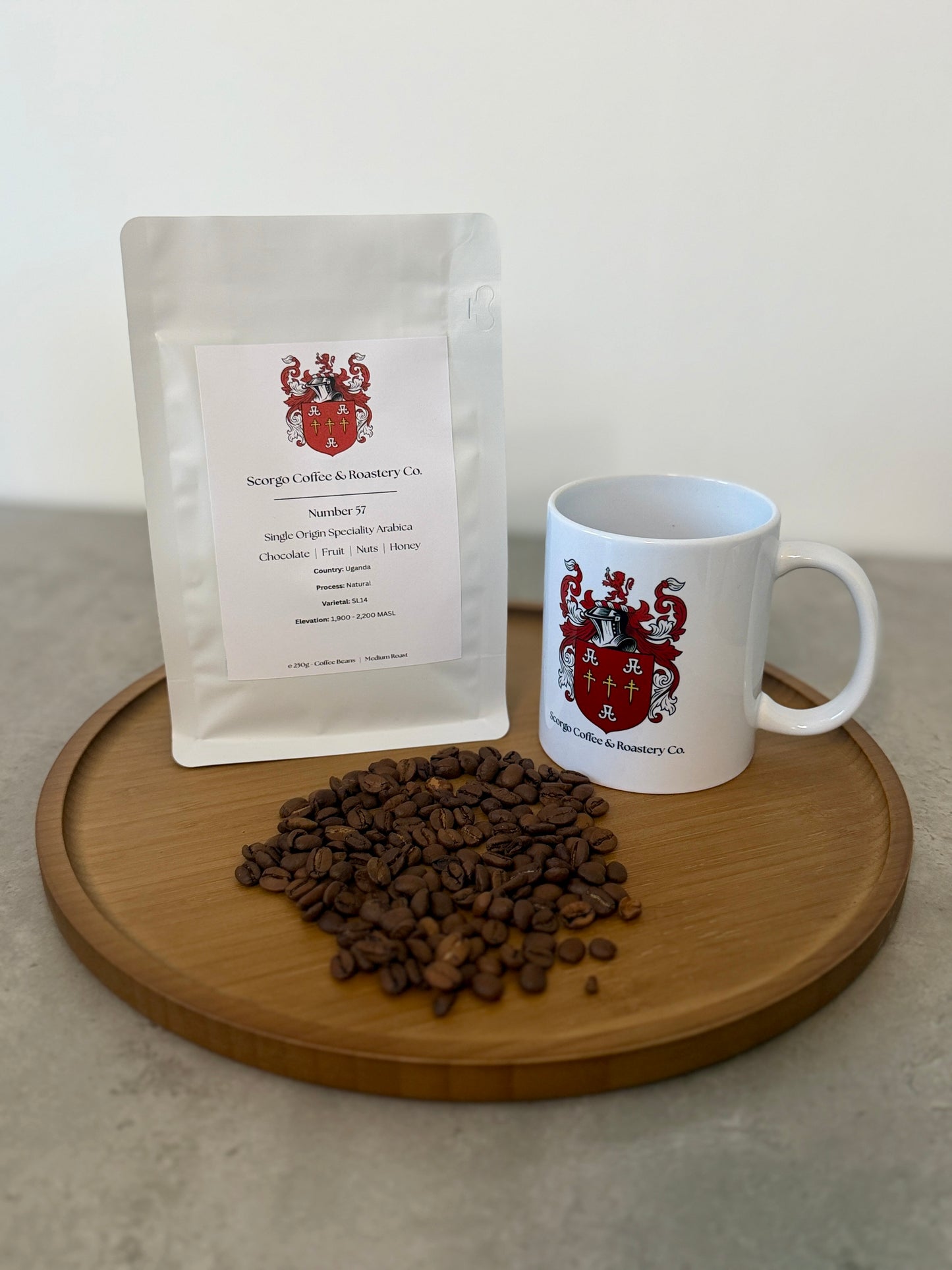Scorgo coffee number 57 specialty coffee beans from Uganda. Medium roast single origin whole coffee beans. Freshly roasted at our UK-based family run roastery.