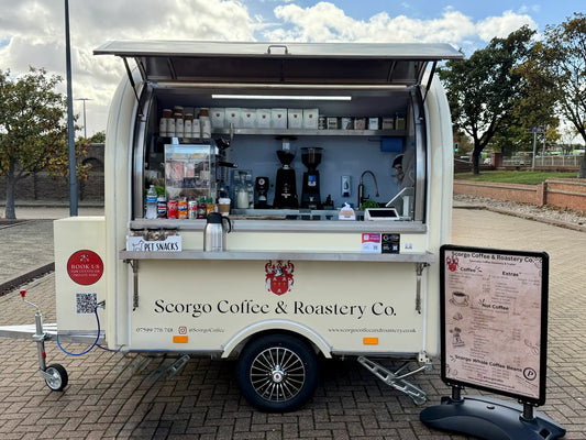 Scorgo mobile coffee trailer with its serving hatch open, available for event hire across Teesside, the North East and North Yorkshire.