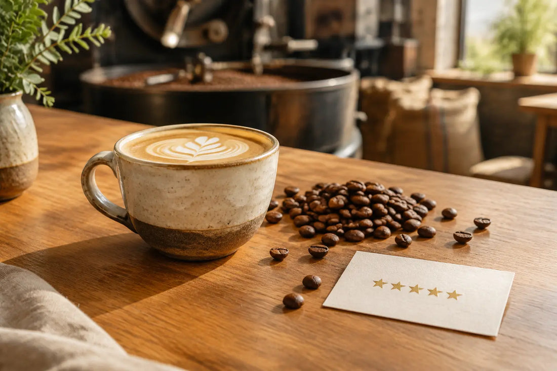 Five-star Scorgo Coffee reviews with a flat white and freshly roasted coffee beans