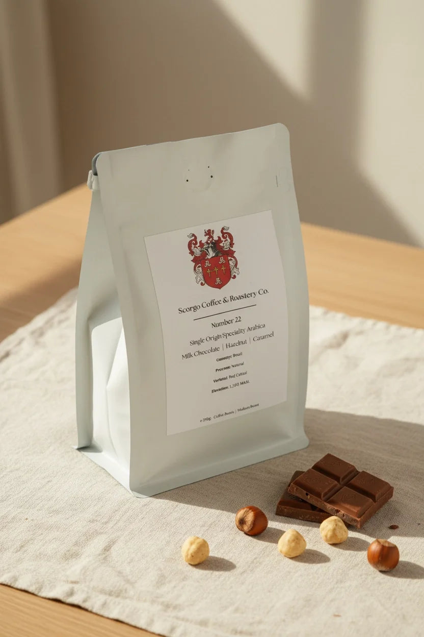 Scorgo Coffee Brazilian Number 22 specialty coffee beans with chocolate, hazelnut and caramel notes