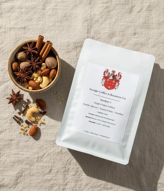 Scorgo Coffee India Number 3 specialty coffee beans with earthy spices, nuts and smoky notes