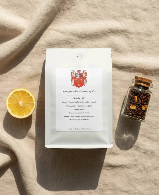 Scorgo Coffee Mexico Number 87 specialty decaf coffee beans with chocolate, lemon and spice notes
