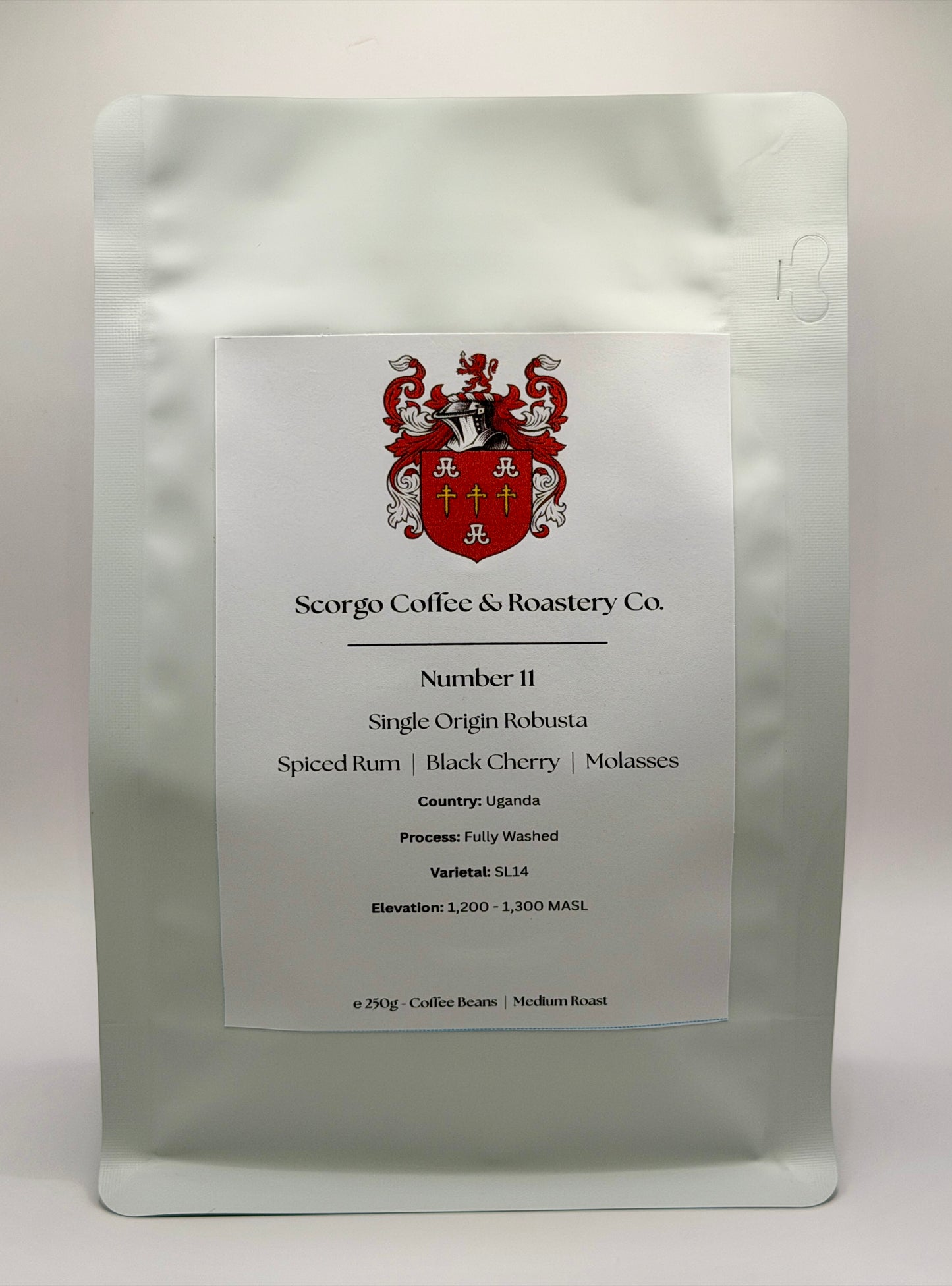 Scorgo coffee number 11 single origin robusta coffee from Uganda. Suitable for brewing as an espresso, AeroPress, V60 filter, French Press, cafetiere, Moka Pot and cold brew. Also suitable with milk.