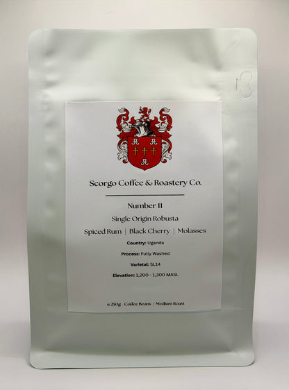 Scorgo coffee number 11 single origin robusta coffee from Uganda. Suitable for brewing as an espresso, AeroPress, V60 filter, French Press, cafetiere, Moka Pot and cold brew. Also suitable with milk.