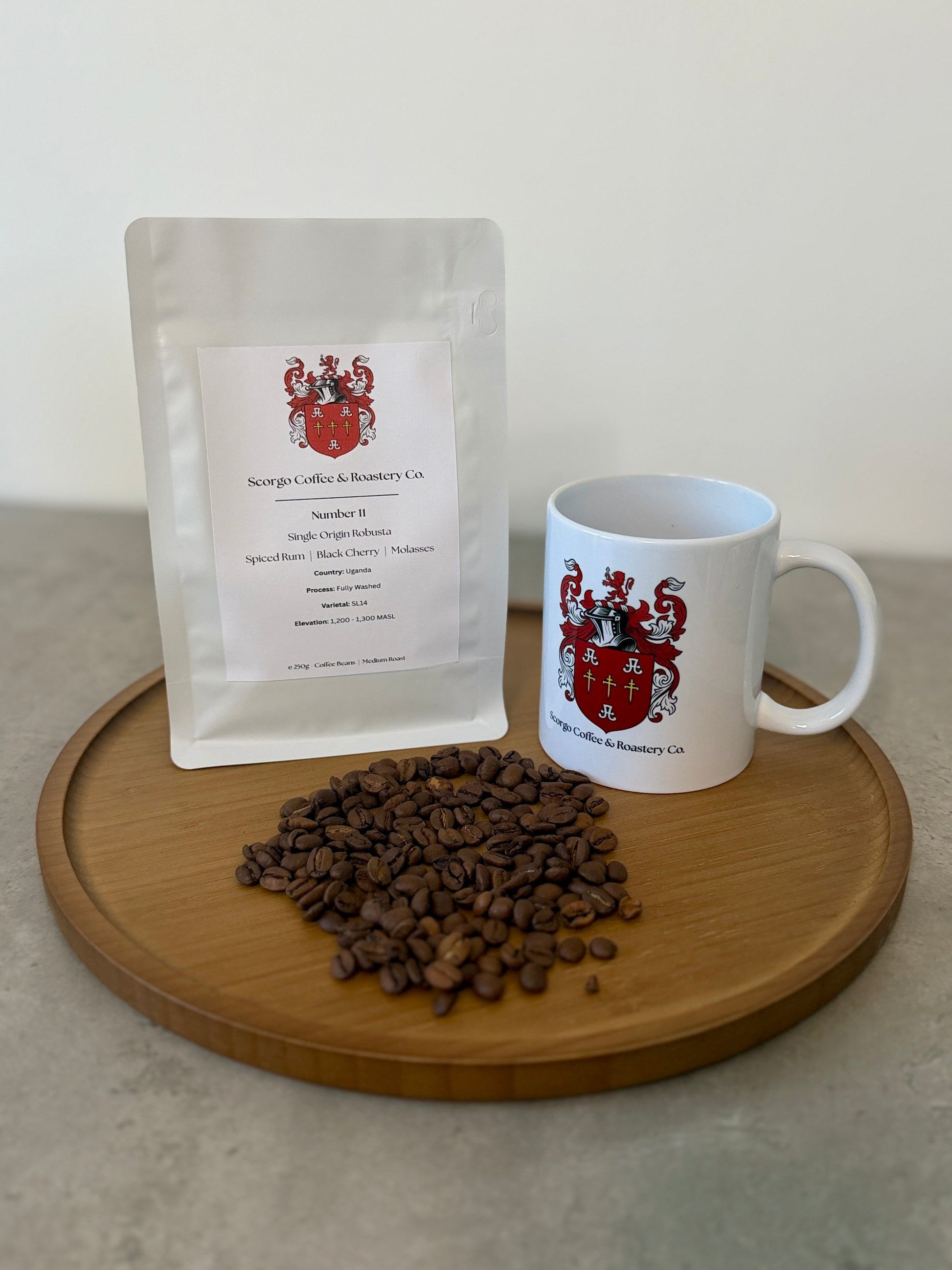 Scorgo coffee number 11  coffee beans from Uganda. Medium roast single origin robusta whole coffee beans. Freshly roasted at our UK-based family run roastery.