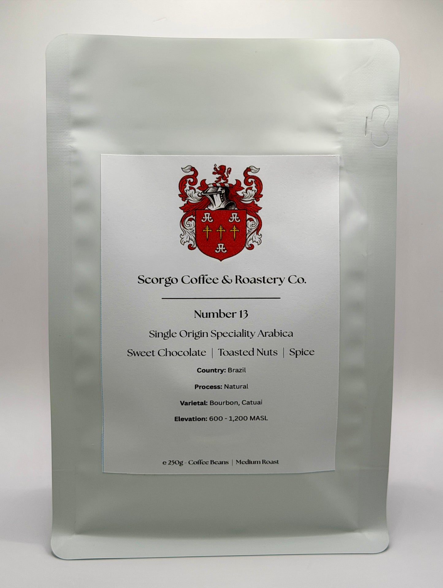 Scorgo coffee number 13 single origin speciality arabica coffee from Brazil. Suitable for brewing as an espresso, AeroPress, V60 filter, French Press, cafetiere, Moka Pot and cold brew. Also suitable with milk.