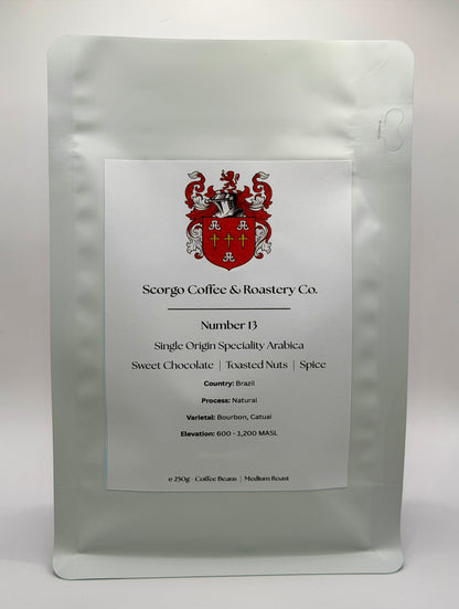Scorgo coffee number 13 single origin speciality arabica coffee from Brazil. Suitable for brewing as an espresso, AeroPress, V60 filter, French Press, cafetiere, Moka Pot and cold brew. Also suitable with milk.