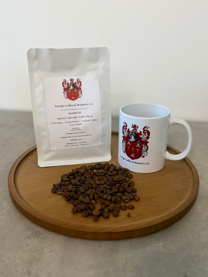 Scorgo coffee number 14 specialty blend  from Brazil and Colombia. Medium roast blend of arabica whole coffee beans. Freshly roasted at our UK-based family run roastery.