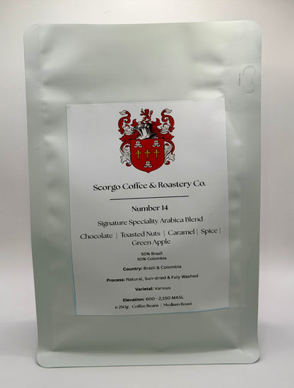 Scorgo occee number 14 specialty blend from Brazil and Colombia. Suitable for brewing as an espresso, AeroPress, V60 filter, French Press, cafetiere, Moka Pot and cold brew. Also suitable with milk.