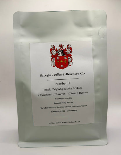 Scorgo coffee number 19 single origin specialty arabica coffee. Suitable for brewing as an espresso, AeroPress, V60 filter, French Press, cafetiere, Moka Pot and cold brew. Also suitable with milk.