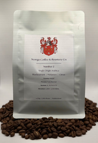 Scorgo coffee Number 2 single origin arabica ground coffee from Kenya. Flavour notes include blackcurrant, molasses and citrus. Fully washed coffee from a UK-based family run coffee roastery.