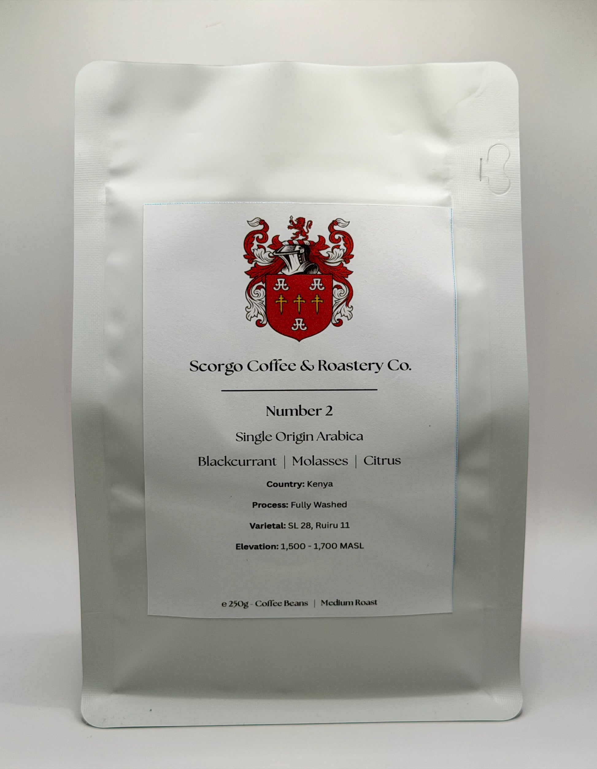 Scorgo coffee number 2 single origin arabica coffee from Kenya. Suitable for brewing as an espresso, AeroPress, V60 filter, French Press, cafetiere, Moka Pot and cold brew. Also suitable with milk.