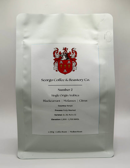 Scorgo coffee number 2 single origin arabica coffee from Kenya. Suitable for brewing as an espresso, AeroPress, V60 filter, French Press, cafetiere, Moka Pot and cold brew. Also suitable with milk.