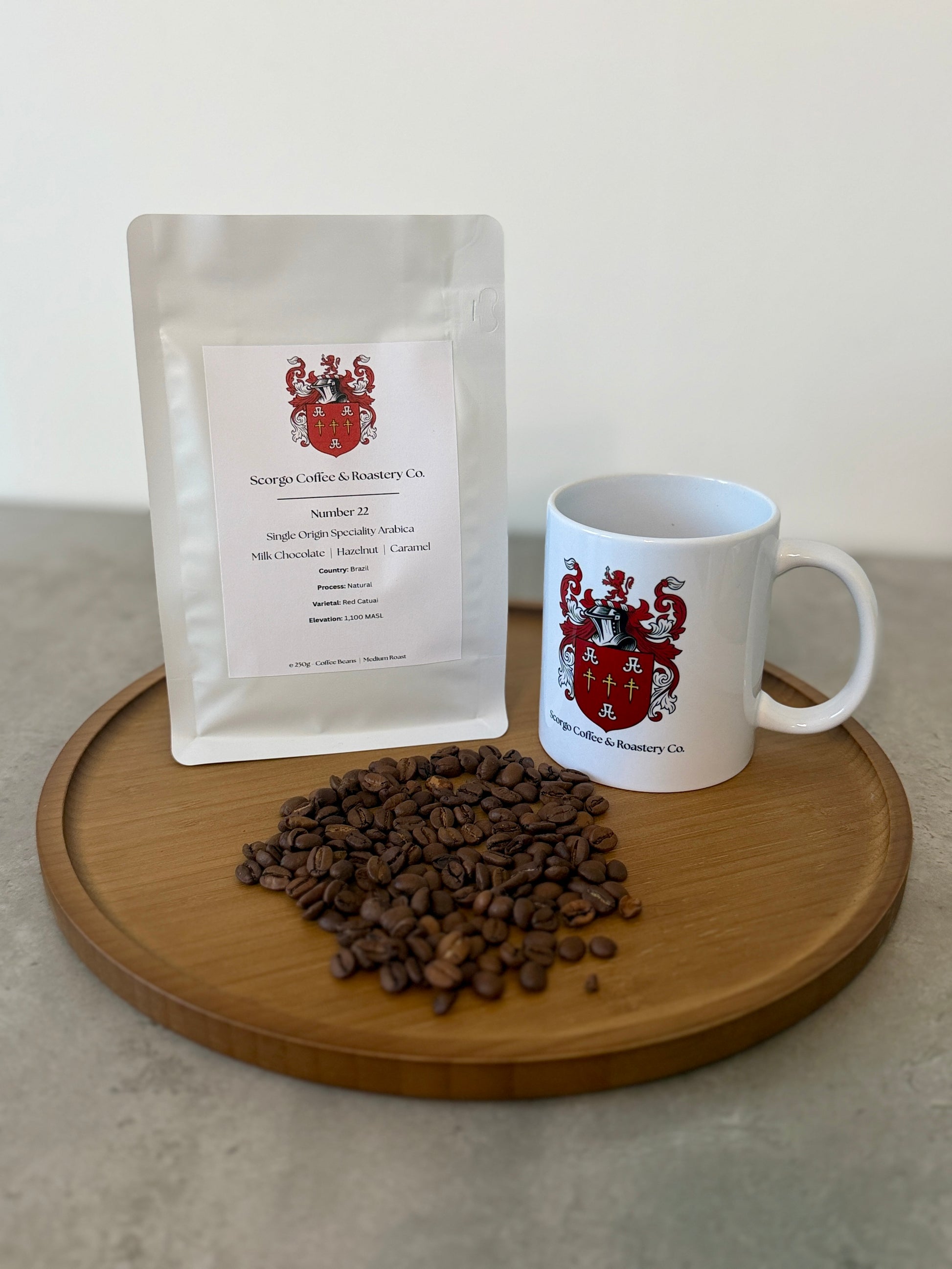 Scorgo coffee number 22 specialty coffee beans from Brazil. Medium roast single origin arabica whole coffee beans. Freshly roasted at our UK-based family run roastery.
