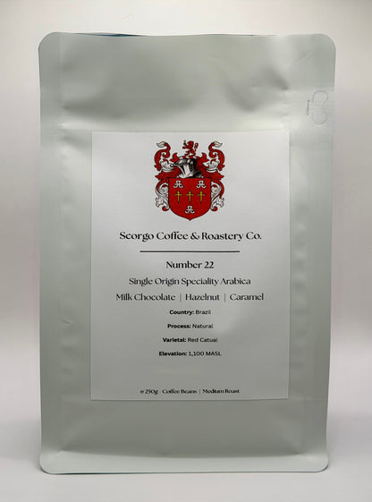 Scorgo coffee number 22 single origin specialty arabica coffee from Brazil. Suitable for brewing as an espresso, AeroPress, V60 filter, French Press, cafetiere, Moka Pot and cold brew. Also suitable with milk.