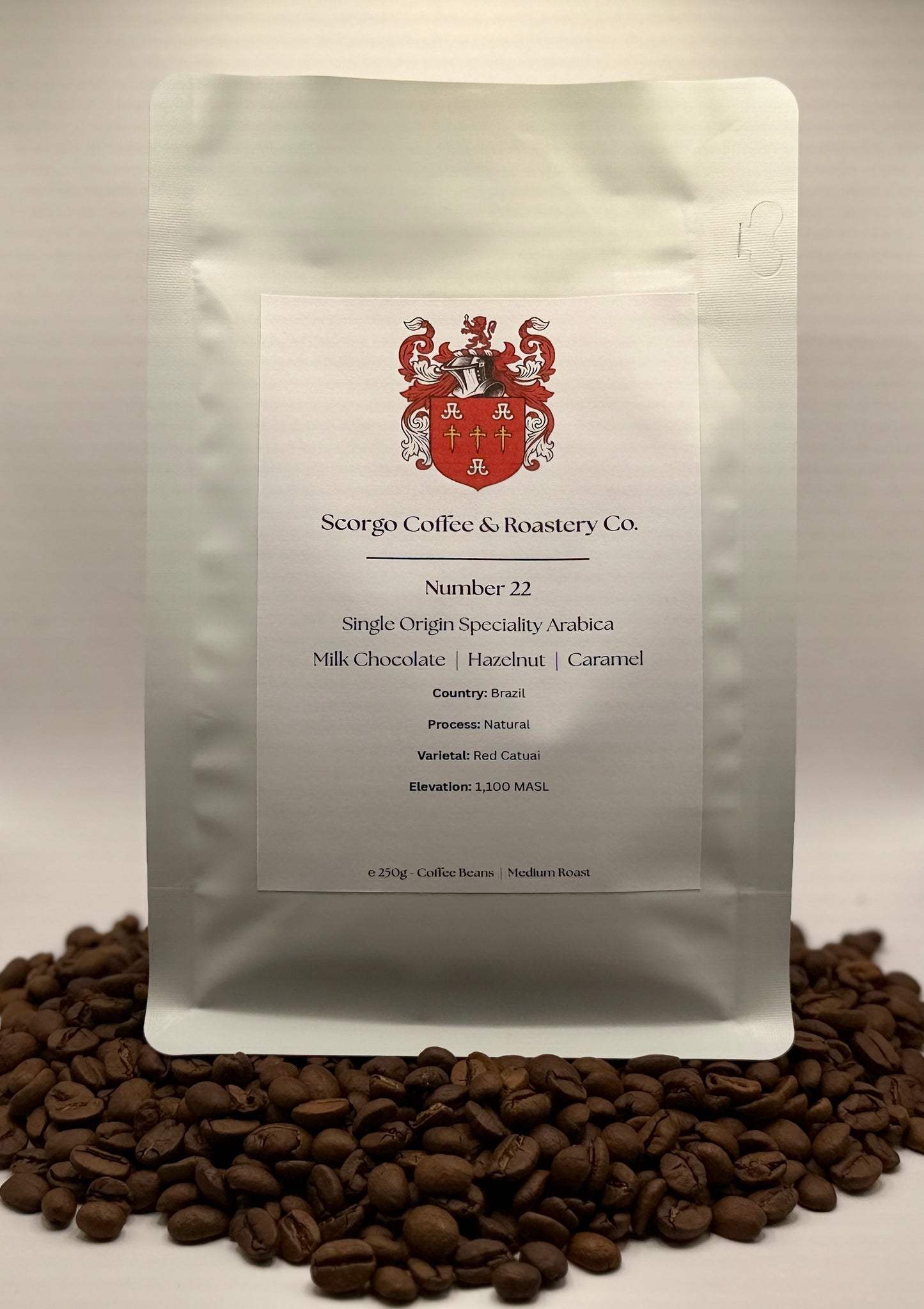 Scorgo coffee Number 22 single origin arabica ground coffee from Brazil. Flavour notes include milk chocolate, hazelnut and caramel. Naturally processed specialty coffee from a UK-based family run coffee roastery.
