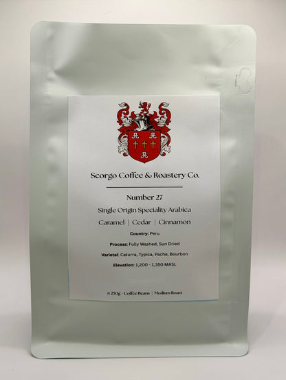 Scorgo coffee number 27 single origin coffee from Peru. Suitable for brewing as an espresso, AeroPress, V60 filter, French Press, cafetiere, Moka Pot and cold brew. Also suitable with milk.
