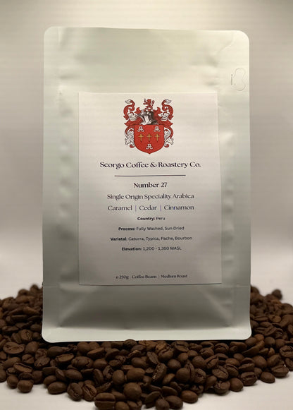 Scorgo coffee Number 27 single origin arabica ground coffee from Peru. Flavour notes inlcude caramel, cedar and cinnamon. Fully-washed sun-dried specialty coffee from a UK-based family run coffee roastery.