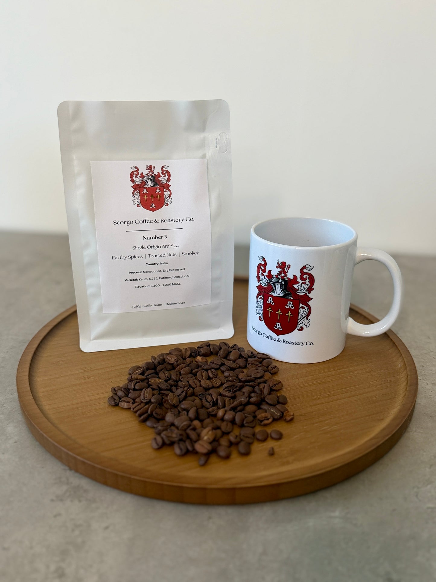 Scorgo coffee number 3 coffee beans from India. Medium roast single origin arabica whole coffee beans. Freshly roasted at our UK-based family run roastery.