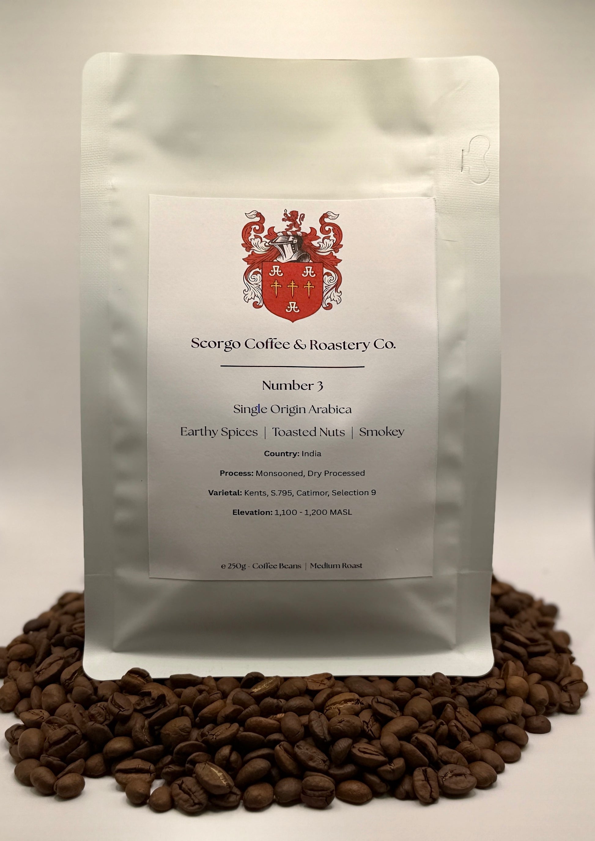 Scorgo coffee Number 3 single origin arabica ground coffee from India. Flavour notes include earthy spices, toasted nuts and smokey. Monsooned dry processed coffee from a UK-based family run coffee roastery