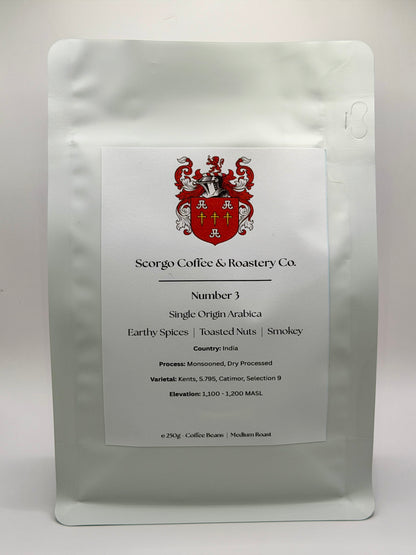 Scorgo coffee number 3 single origin arabica coffee from India. Suitable for brewing as an espresso, AeroPress, V60 filter, French Press, cafetiere, Moka Pot and cold brew. Also suitable with milk.