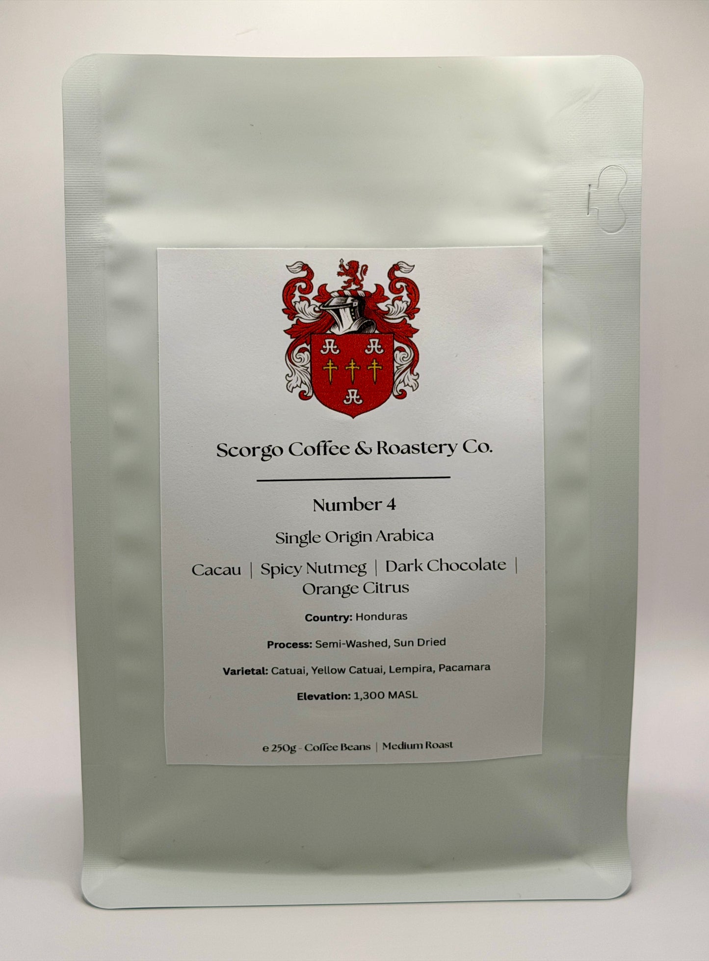 Scorgo coffee number 4 single origin coffee from Honduras. Suitable for brewing as an espresso, AeroPress, V60 filter, French Press, cafetiere, Moka Pot and cold brew. Also suitable with milk.