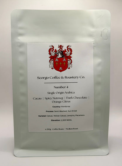 Scorgo coffee number 4 single origin coffee from Honduras. Suitable for brewing as an espresso, AeroPress, V60 filter, French Press, cafetiere, Moka Pot and cold brew. Also suitable with milk.