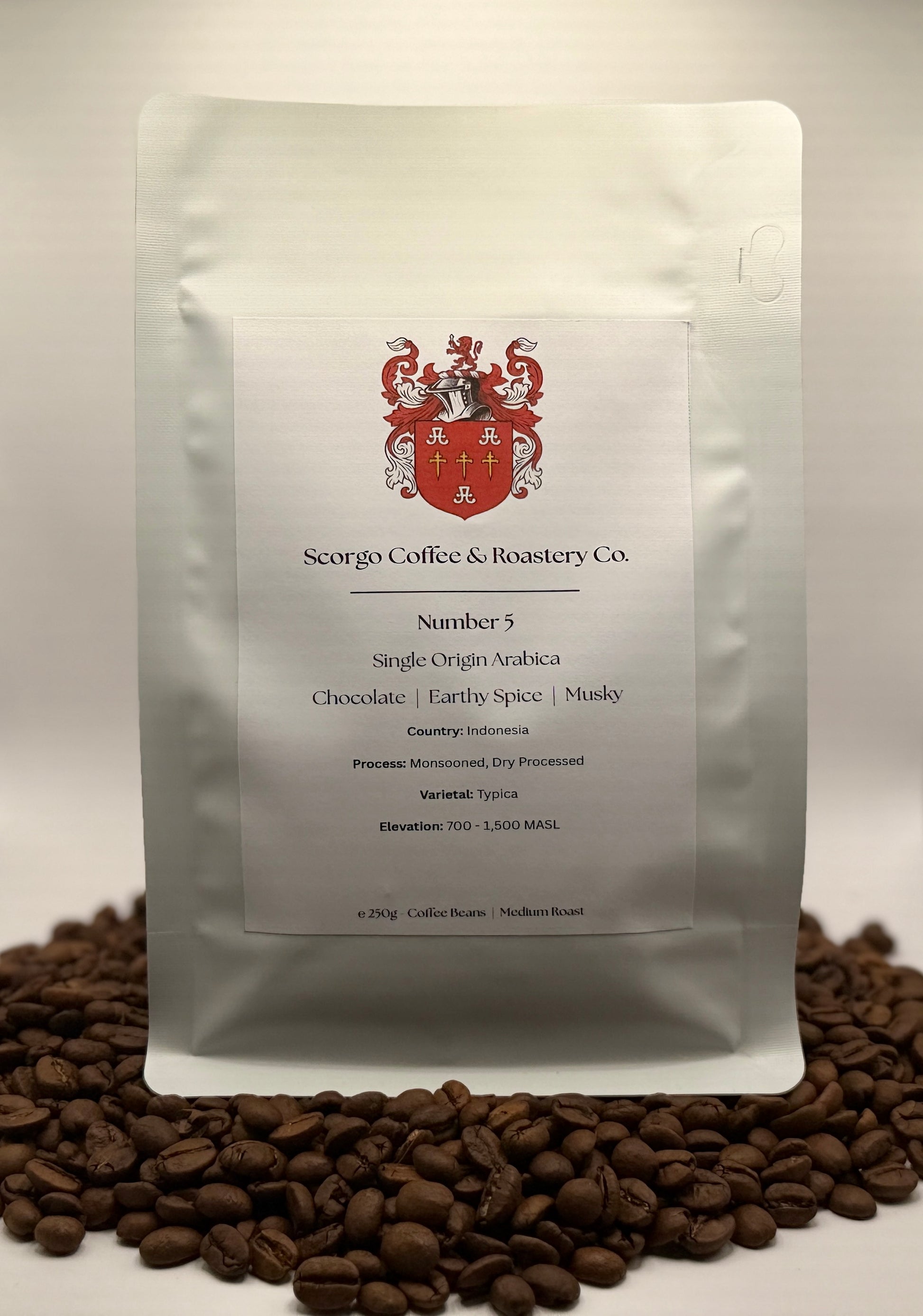 Scorgo coffee Number 5 single origin arabica ground coffee from Indonesia. Flavour notes include chocolate, earthy spice and musky. Monsooned, dry processed coffee from a UK-based family run coffee roastery.