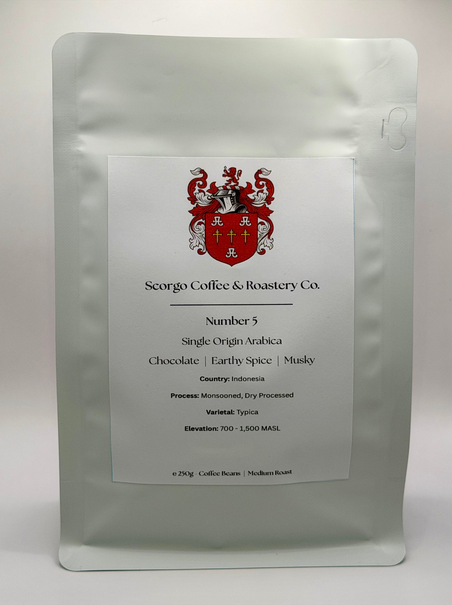 Scorgo coffee number 5 single origin arabica coffee from Indonesia. Suitable for brewing as an espresso, AeroPress, V60 filter, French Press, cafetiere, Moka Pot and cold brew. Also suitable with milk.