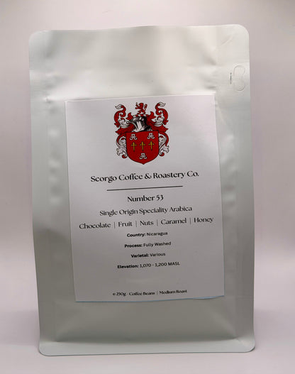 Scorgo coffee number 53 single origin speciality arabica coffee from Nicaragua. Suitable for brewing as an espresso, AeroPress, V60 filter, French Press, cafetiere, Moka Pot and cold brew. Also suitable with milk.