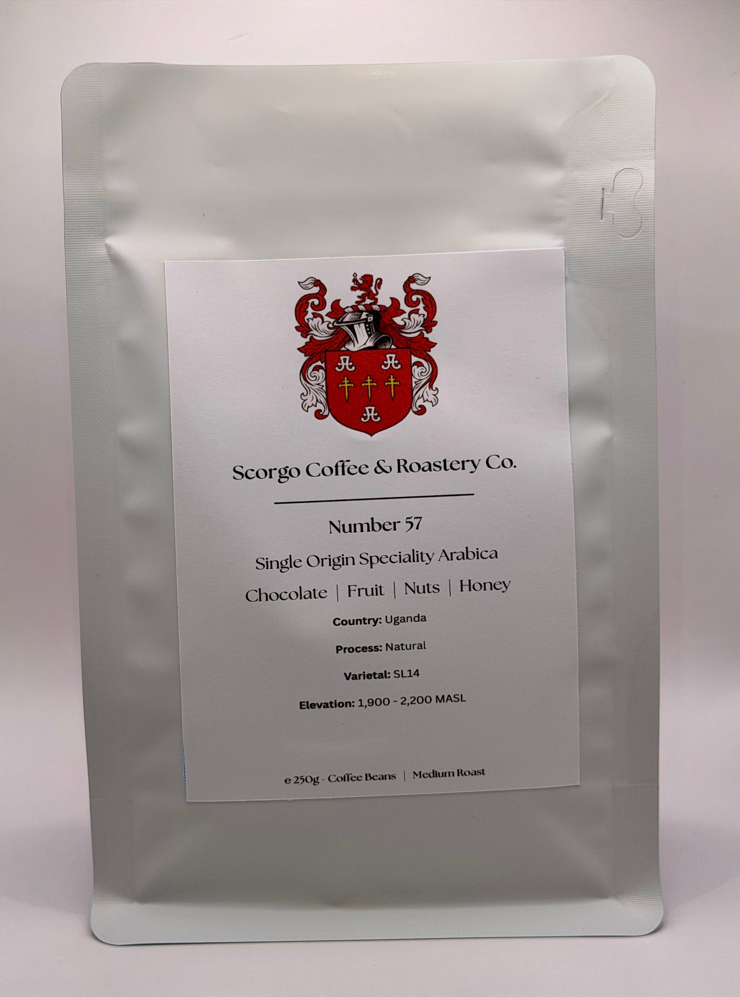 Scorgo coffee number 57 single origin specialty coffee from Uganda. Suitable for brewing as an espresso, AeroPress, V60 filter, French Press, cafetiere, Moka Pot and cold brew. Also suitable with milk.