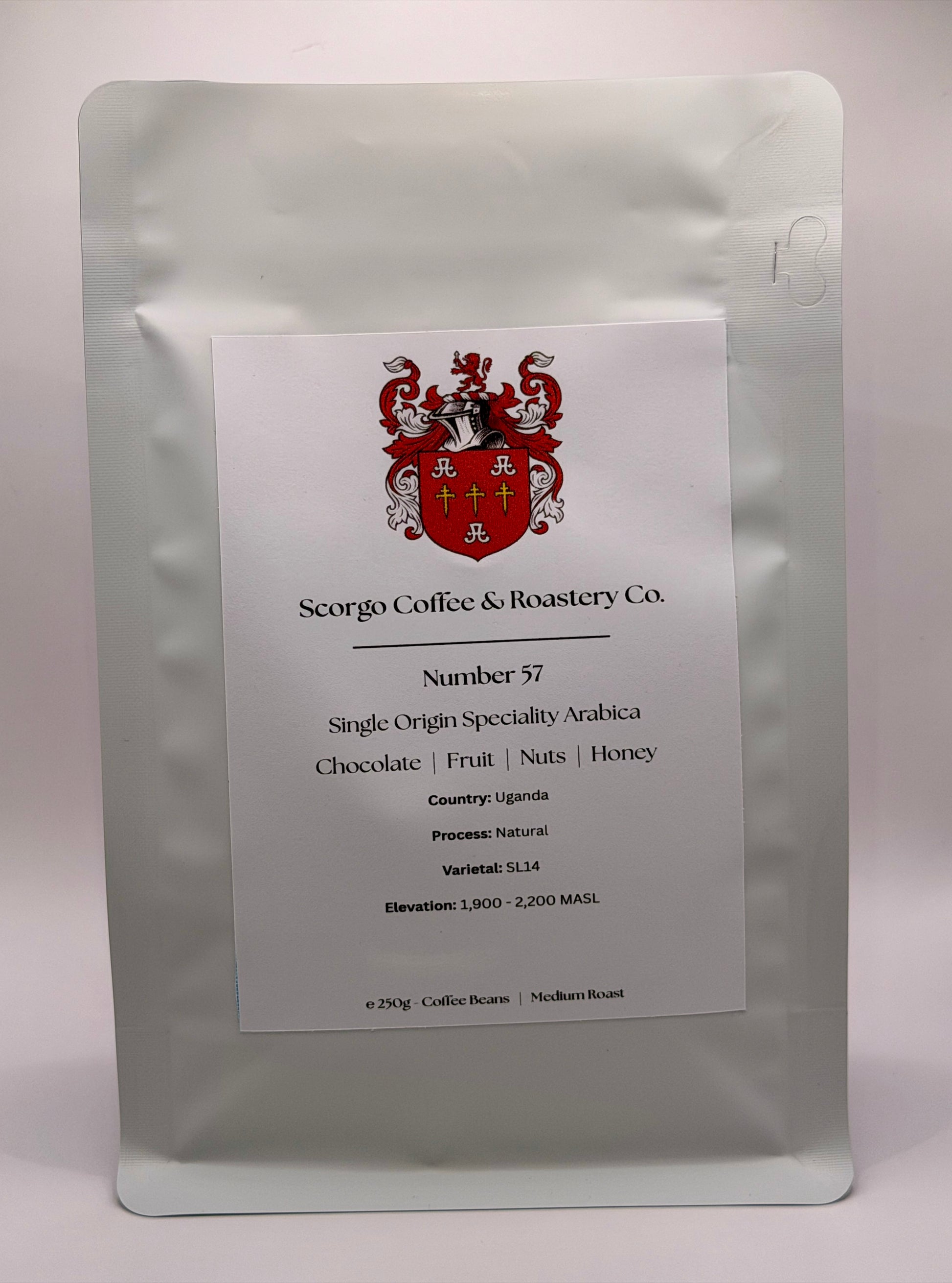 Scorgo coffee number 57 single origin specialty coffee from Uganda. Suitable for brewing as an espresso, AeroPress, V60 filter, French Press, cafetiere, Moka Pot and cold brew. Also suitable with milk.