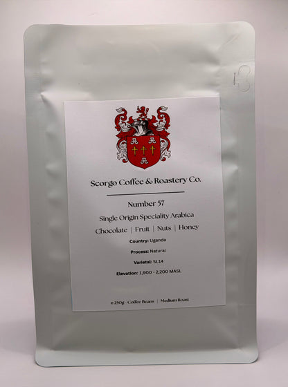 Scorgo coffee number 57 single origin specialty coffee from Uganda. Suitable for brewing as an espresso, AeroPress, V60 filter, French Press, cafetiere, Moka Pot and cold brew. Also suitable with milk.