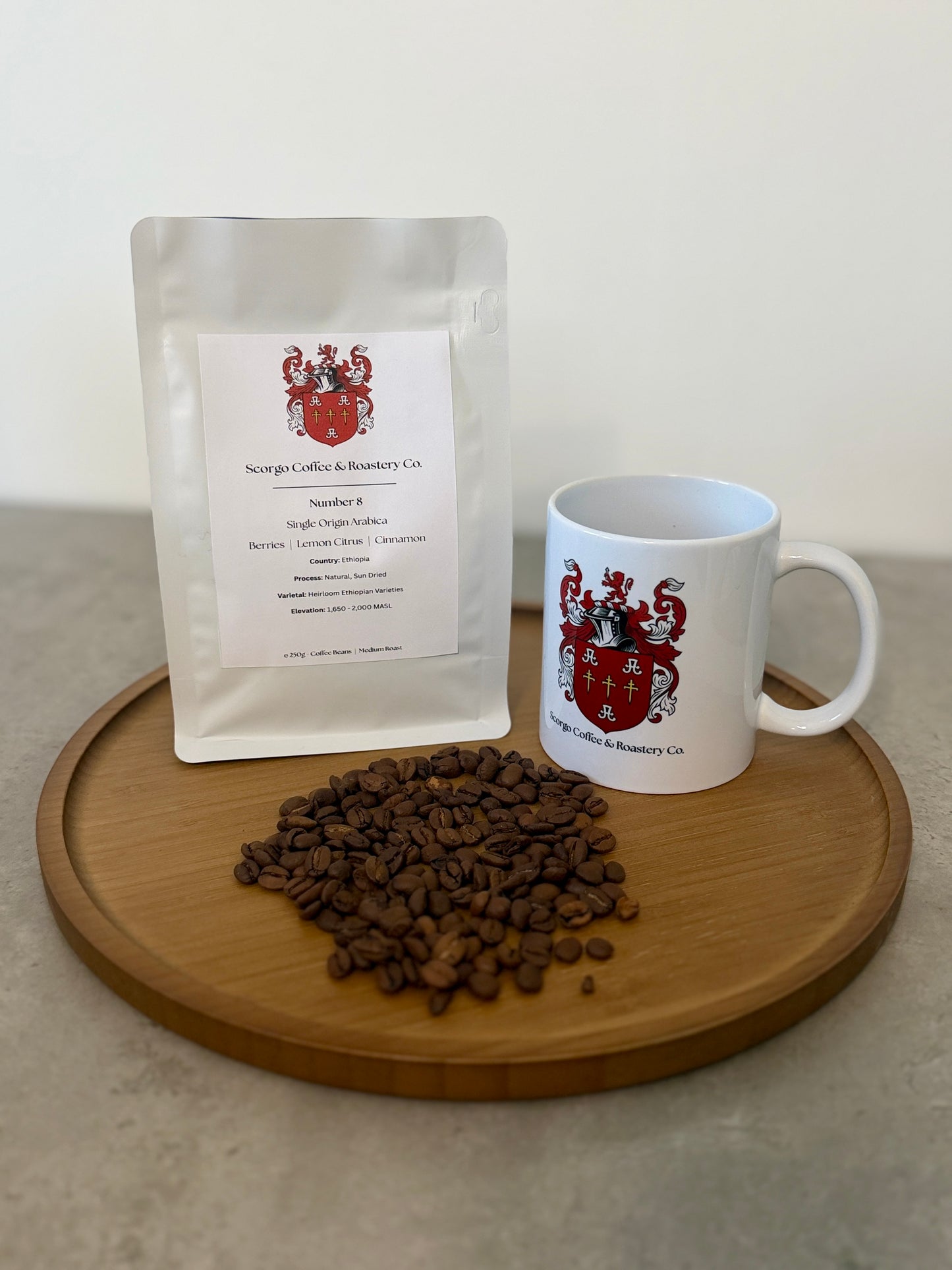 Scorgo coffee number 8 coffee beans from Ethiopia. Medium roast single origin arabica whole coffee beans. Freshly roasted at our UK-based family run roastery.