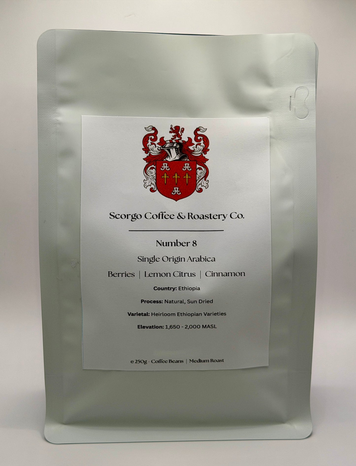 Scorgo coffee number 8 single origin arabica coffee from Ethiopia. Suitable for brewing as an espresso, AeroPress, V60 filter, French Press, cafetiere, Moka Pot and cold brew. Also suitable with milk.