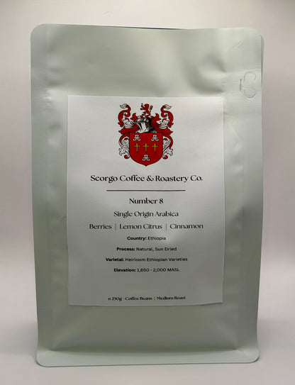 Scorgo coffee number 8 single origin arabica coffee from Ethiopia. Suitable for brewing as an espresso, AeroPress, V60 filter, French Press, cafetiere, Moka Pot and cold brew. Also suitable with milk.