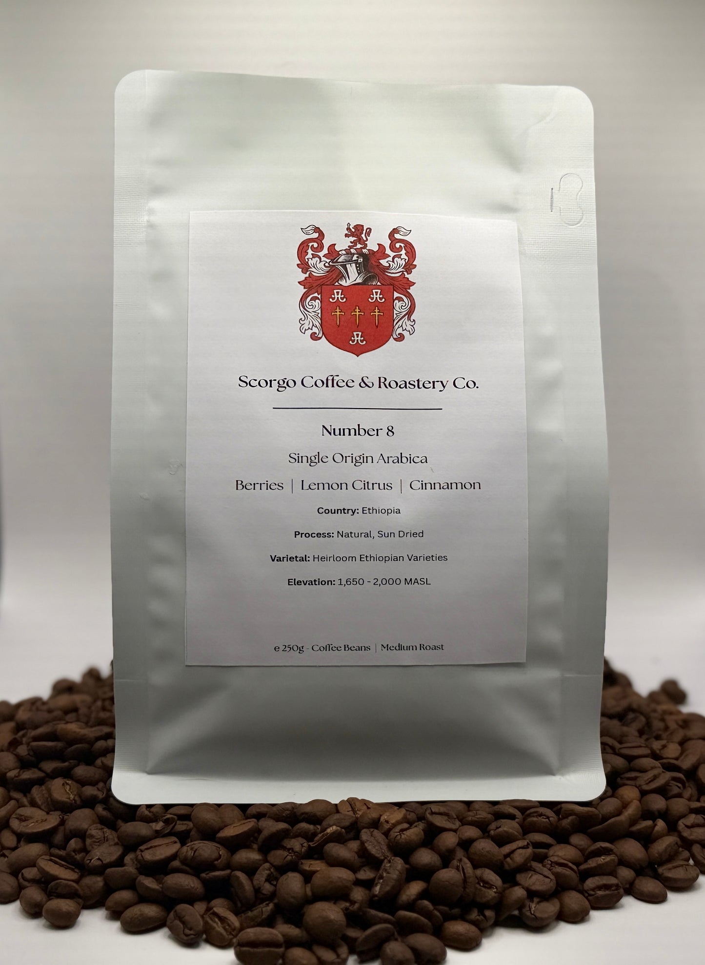 Scorgo coffee Number 8 single origin ground coffee from Ethiopia. Flavour notes include berries, lemon citrus and cinnamon. Natural sun dried coffee from a UK-based family run coffee roastery