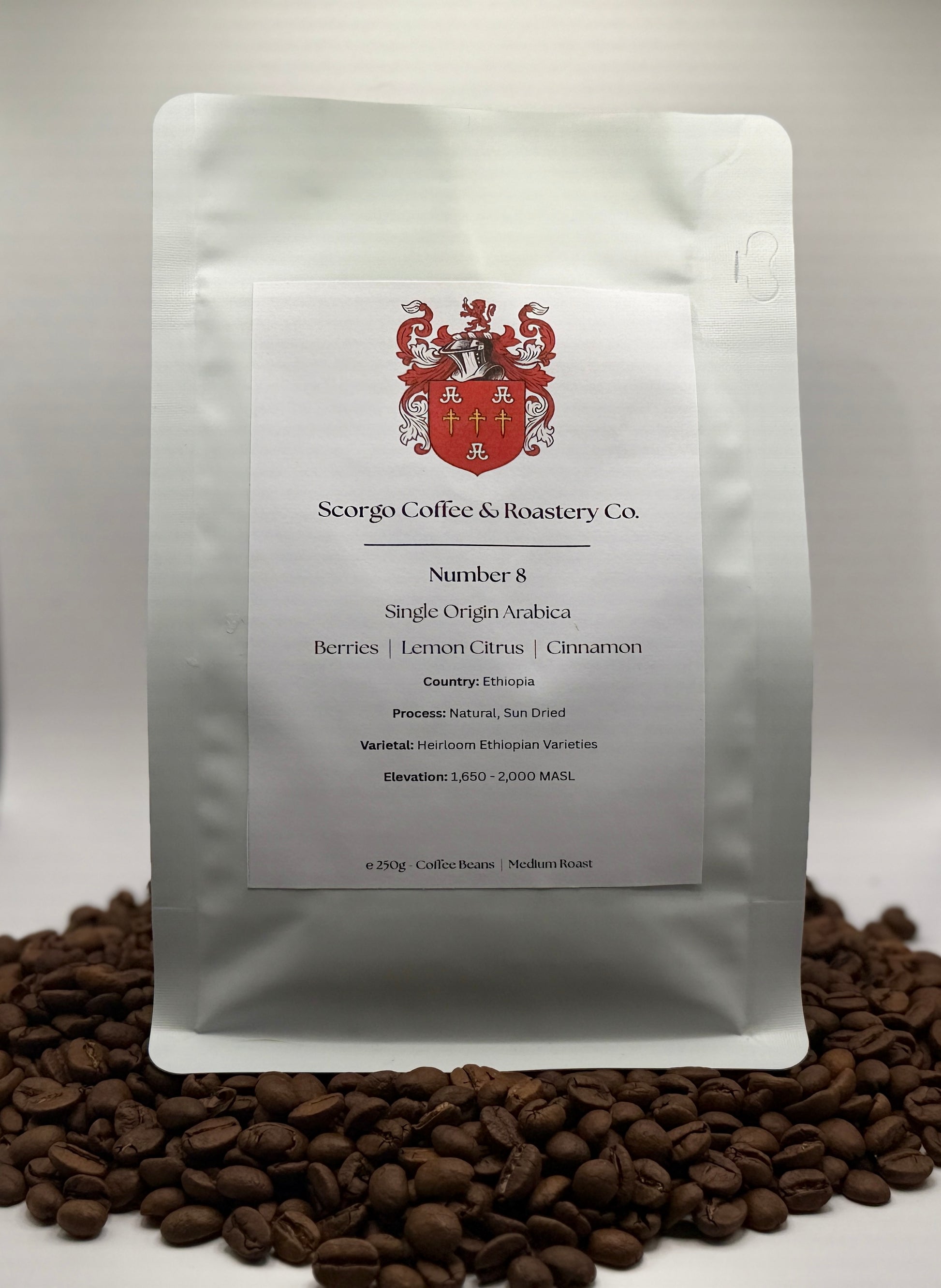 Scorgo coffee Number 8 single origin ground coffee from Ethiopia. Flavour notes include berries, lemon citrus and cinnamon. Natural sun dried coffee from a UK-based family run coffee roastery