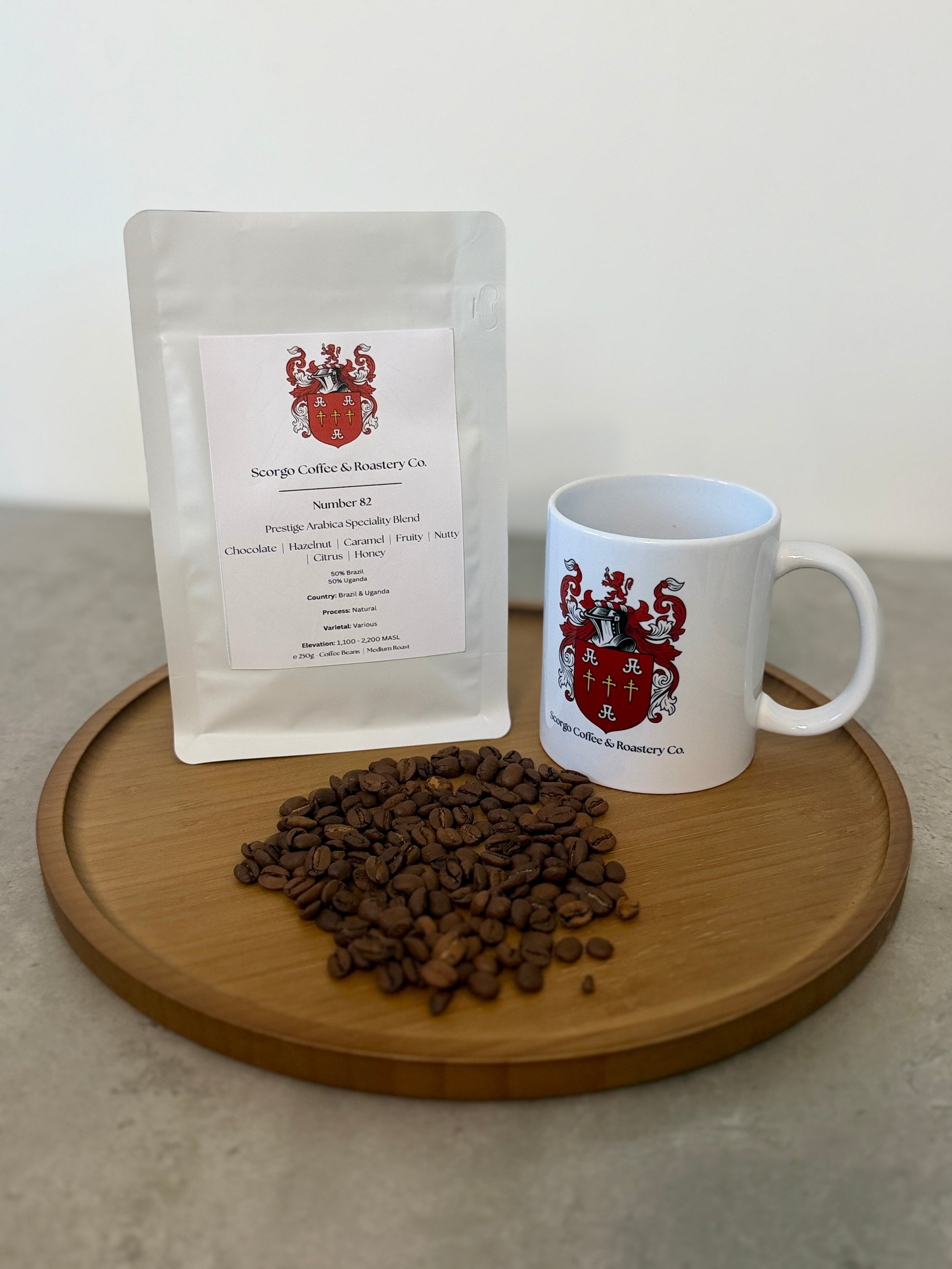 Scorgo coffee number 82 specialty coffee beans from Brazil & Uganda. Medium roast arabica blend whole coffee beans. Freshly roasted at our UK-based family run roastery