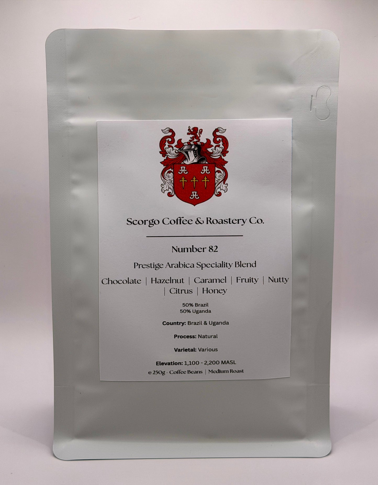 Scorgo coffee number 82 arabica specialty coffee blend from Brazil and Uganda. Suitable for brewing as an espresso, AeroPress, V60 filter, French Press, cafetiere, Moka Pot and cold brew. Also suitable with milk.