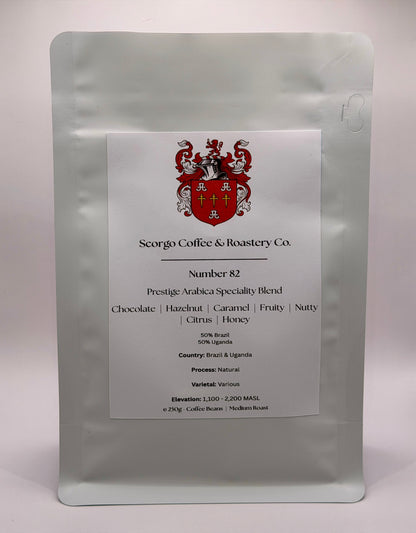 Scorgo coffee number 82 arabica specialty coffee blend from Brazil and Uganda. Suitable for brewing as an espresso, AeroPress, V60 filter, French Press, cafetiere, Moka Pot and cold brew. Also suitable with milk.