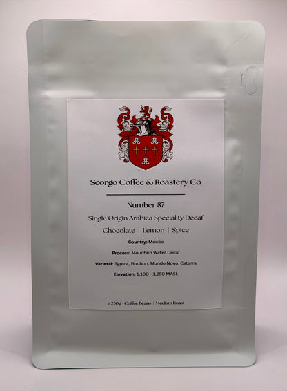 Scorgo coffee number 87 arabica single origin specialty decaf from mexico. Suitable for brewing as an espresso, AeroPress, V60 filter, French Press, cafetiere, Moka Pot and cold brew. Also suitable with milk.