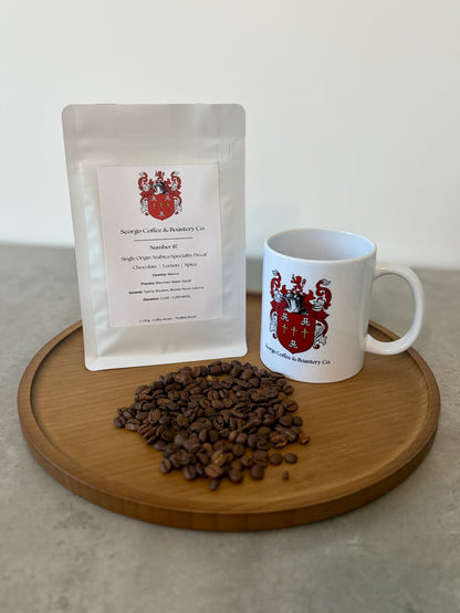 Scorgo coffee number 87 decaf specialty coffee beans from Mexico. Medium roast single origin arabica whole coffee beans. 100% chemical free. Freshly roasted at our UK-based family run roastery.