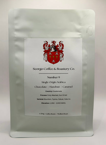 Scorgo coffee number 9 single origin arabica coffee from Guatemala. Suitable for brewing as an espresso, AeroPress, V60 filter, French Press, cafetiere, Moka Pot and cold brew. Also suitable with milk.