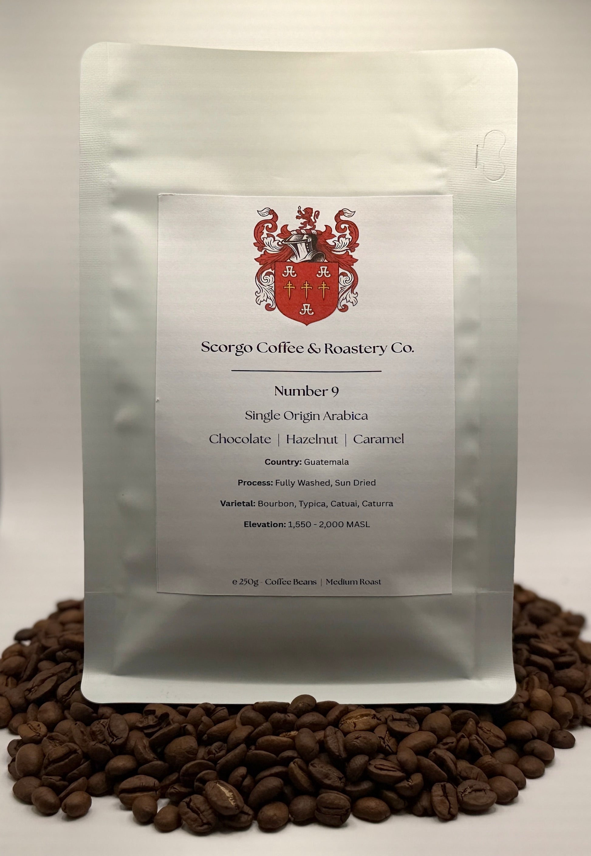 Scorgo coffee number 9 single origin arabica ground coffee from Guatemala. Flavour notes include chocolate, hazelnut and caramel. Fully washed, sun dried coffee from a UK-based family run coffee roastery.