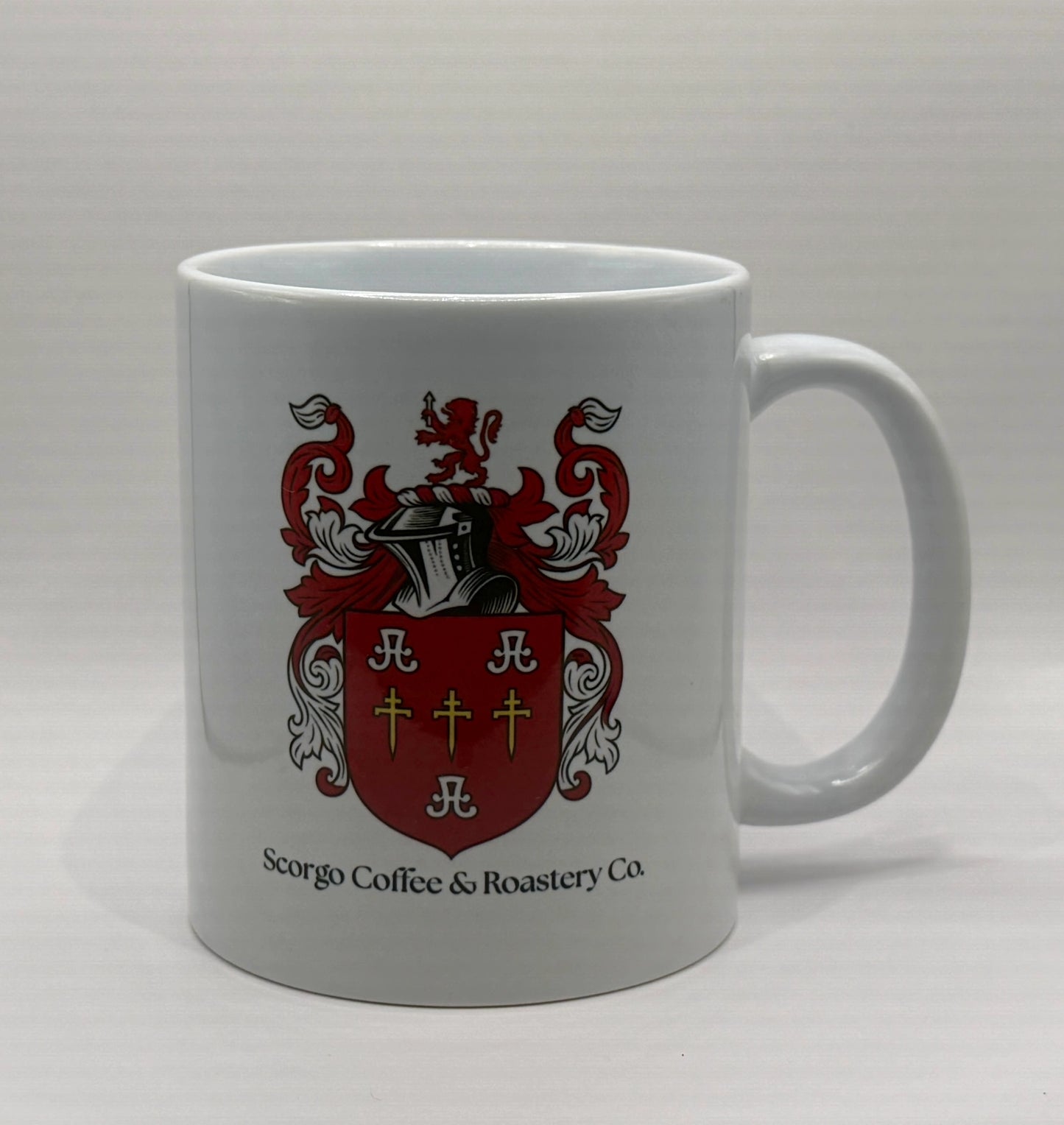 Branded Scorgo Coffee & Roastery Co. mug. Useful for americano, latte, cappuccino, flat white and espresso. Can be used both left and right handed with the logo on both sides.