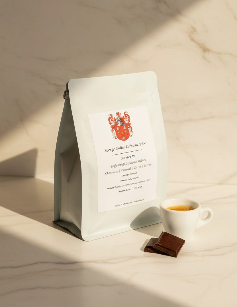 Scorgo Coffee & Roastery Co. Specialty coffee roasters in the UK. Scorgo Number 19. Chocolate, Caramel, Citrus & Berries.