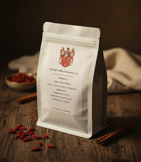Scorgo Coffee & Roastery Co. Specialty coffee roasters in the UK. Scorgo Number 8. Berries, Lemon Citrus and Cinnamon.
