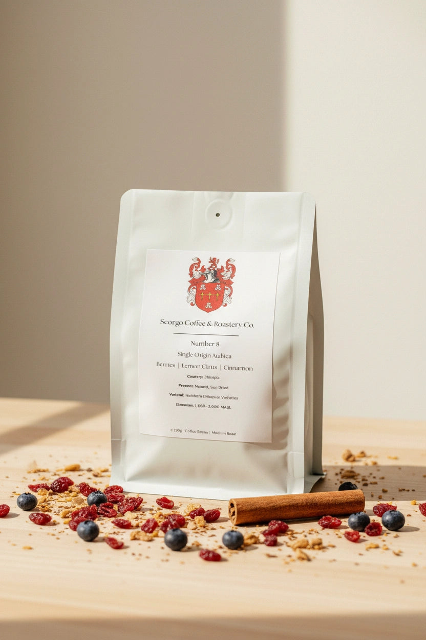 Scorgo Coffee & Roastery Co. Specialty coffee roasters in the UK. Scorgo Number 8. Berries, Lemon Citrus & Cinnamon.